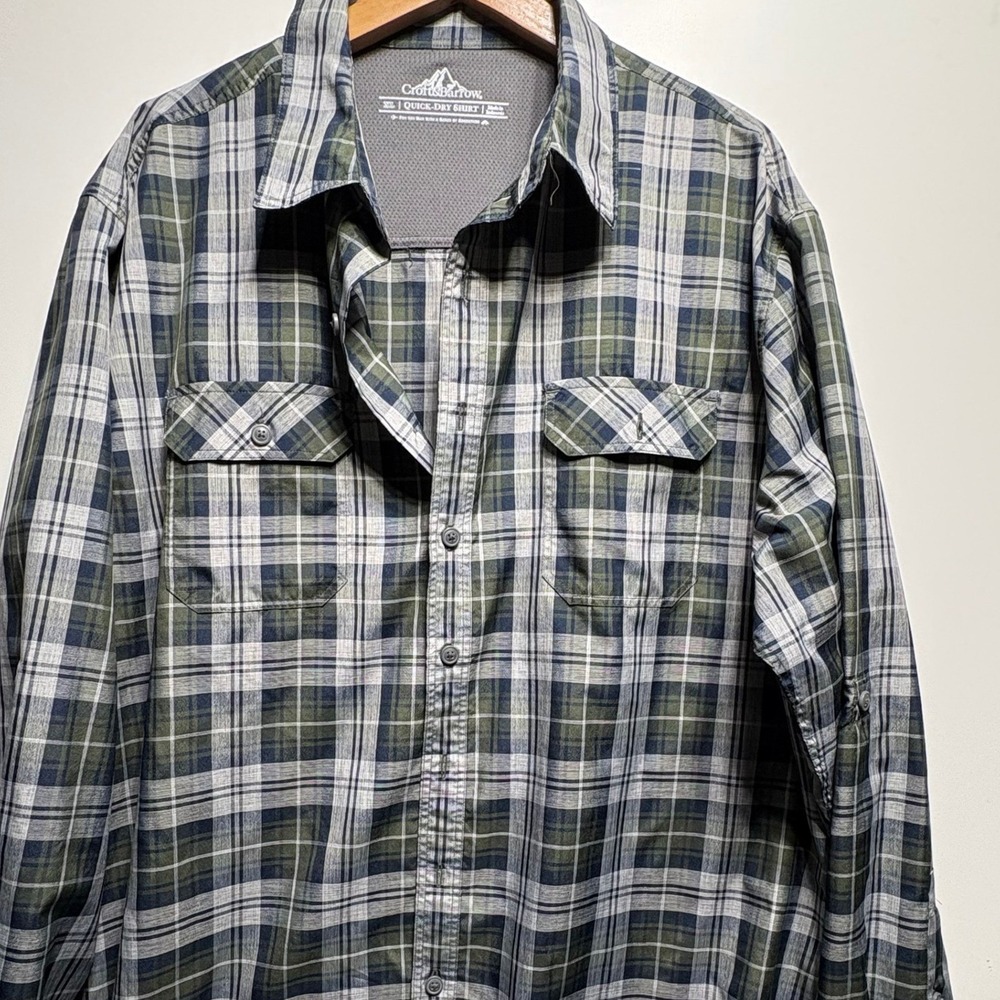 Croft & Barrow Quick-Dry Mens XL Green Blue Plaid Long Sleeve Outdoor Pockets